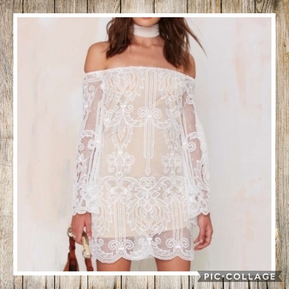 Olivaceous Dresses & Skirts - OLIVACEOUS White Lace over Nude Mini Dress